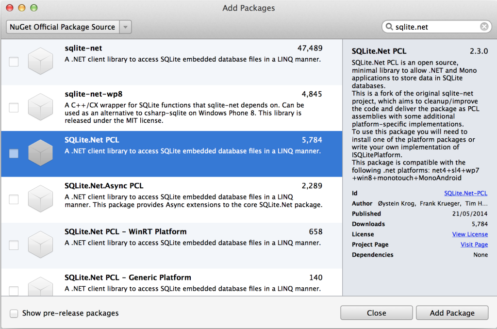 nuget sqlite component