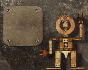 Robot of the metal parts on a dark grungy background and metal frame