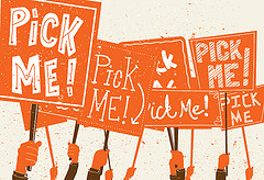 Illustration: A sea of 'Pick me!' signs
