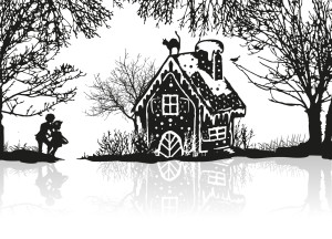 Hänsel und Gretel entdecken das Hexenhaus im Wald