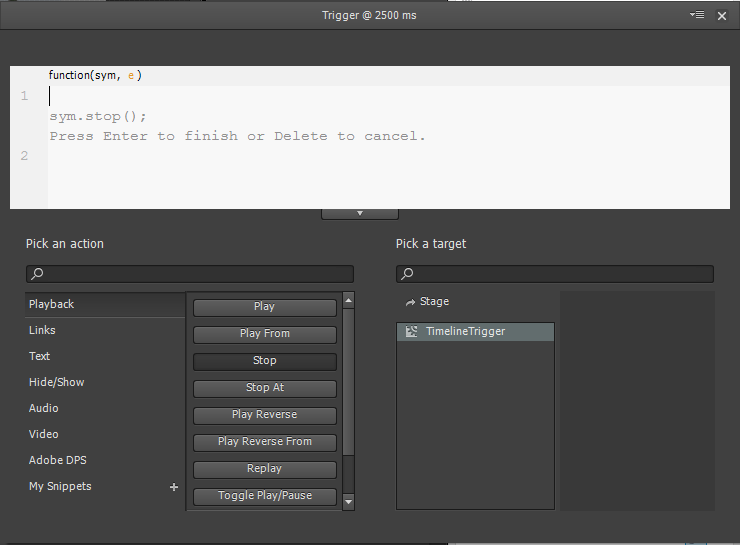 Figure 10: The enhanced Actions panel workflow while adding a stop action