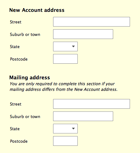 New account form and a separate mailing address section.