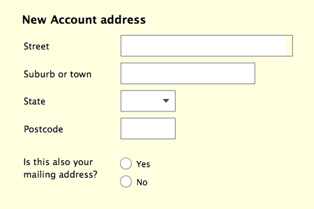 New account form with 'is this your mailing address' option.