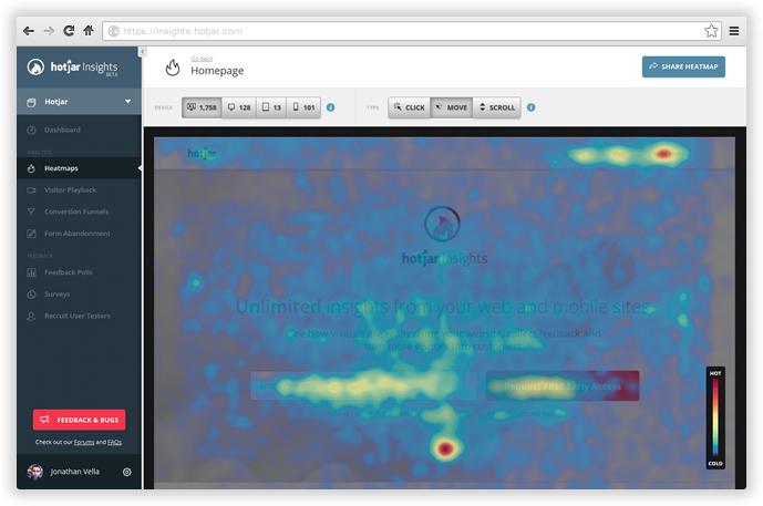 Hotjar's heatmaps interface in action