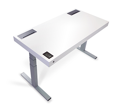 A white Stir desk with extendable legs and a small screen built into the corner