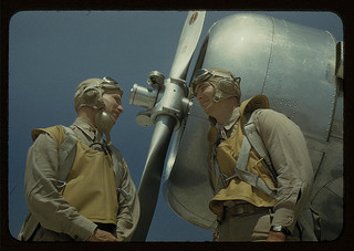 Marine lieutenants, pilots, by the power tow-plane for the training gliders at Parris Island's Page Field, S.C.  (LOC)