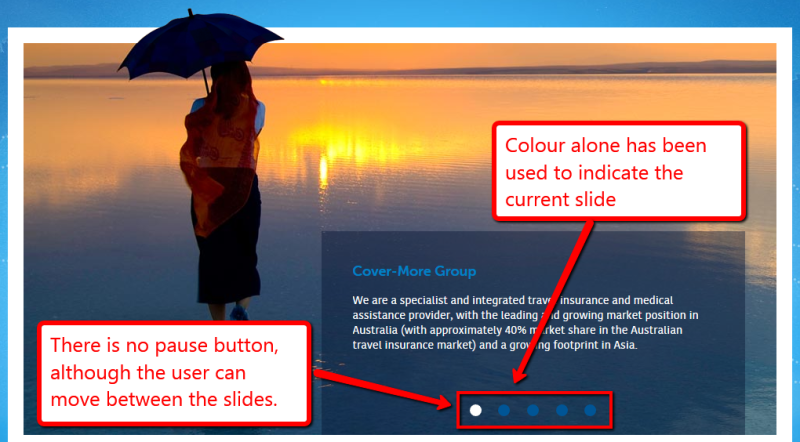 Slideshow includes a background image of a woman walking in the water with text in the foreground. Five circles are at the bottom of the slideshow, one marked in white, the others blue. There is no pause button although the user can move between slides using the circles. Colour alone has been used to indicate the current slide.