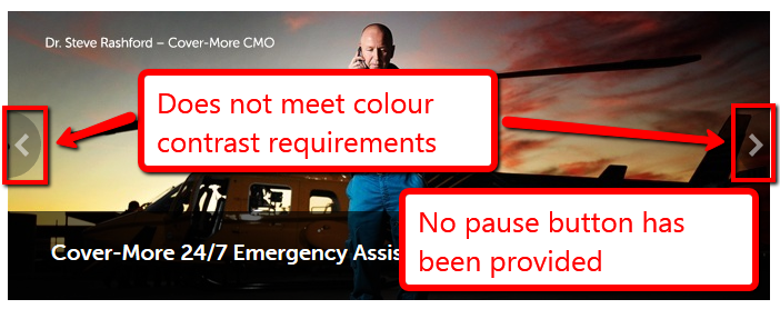 Slideshow includes an image of a man in front of a helicopter. Arrows that do not meet colour contrast are provided to the very right and the very left of the slideshow. No pause button has been provided.