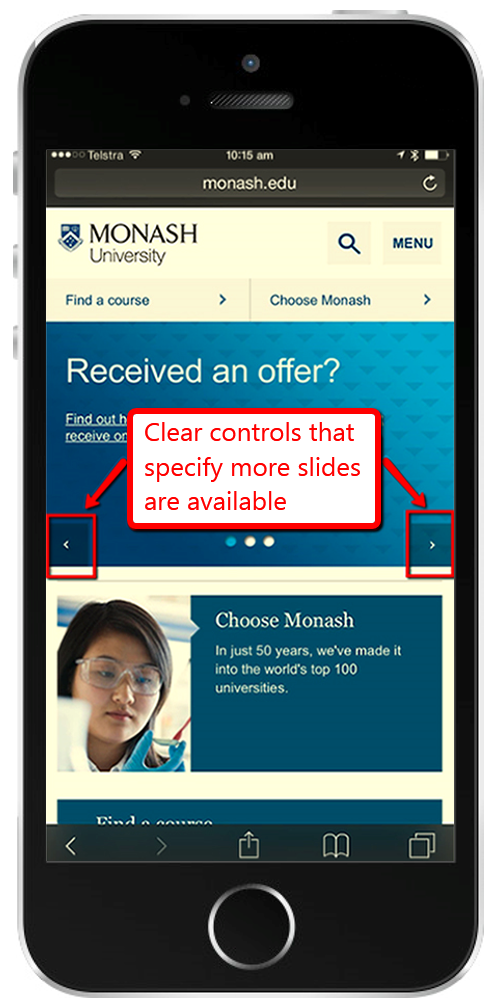 iPhone screenshot of Monash homepage with slideshow containing arrows at the very left and at the very right