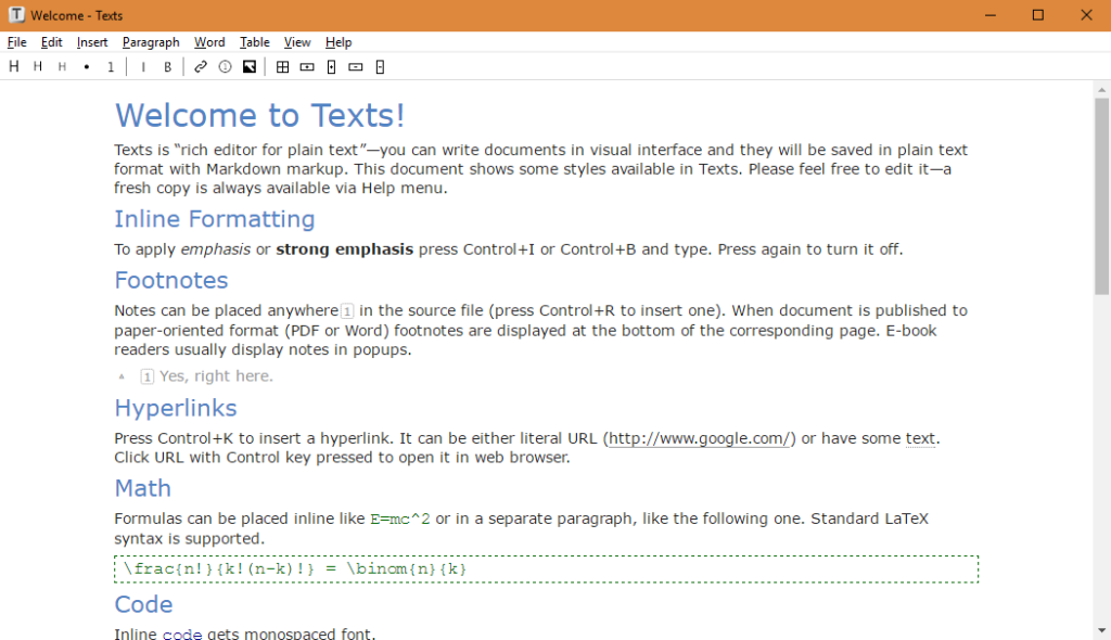A screenshot of the Texts editor
