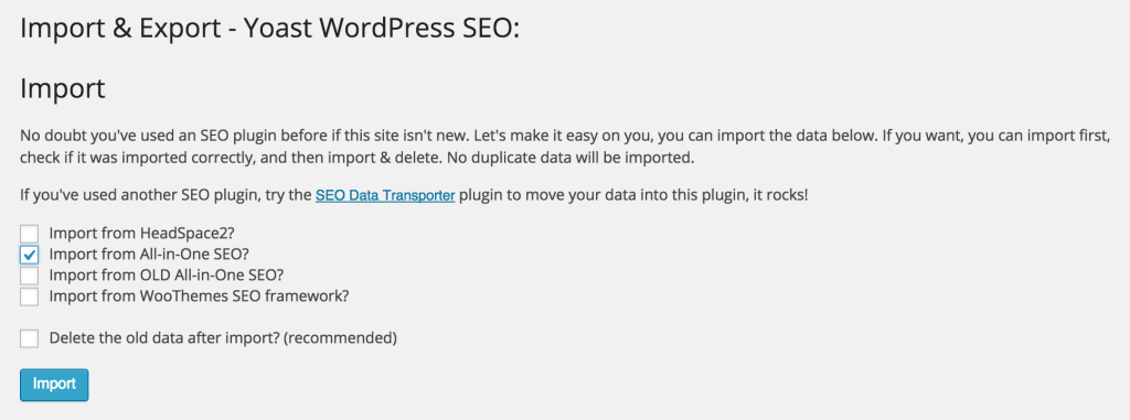 All in One SEO Import Options in Yoast