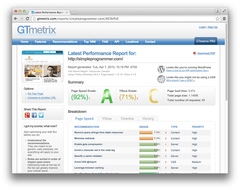 GTmetrix screenshot