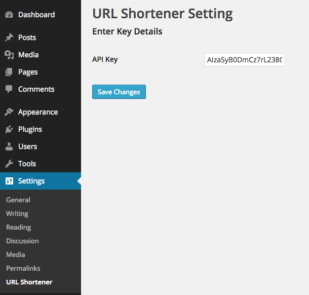 URL Shortner settings page