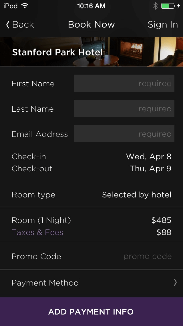 Hotel Tonight booking page