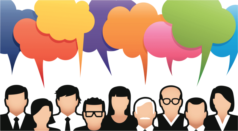 Illustration of people talking with different colored speech bubbles