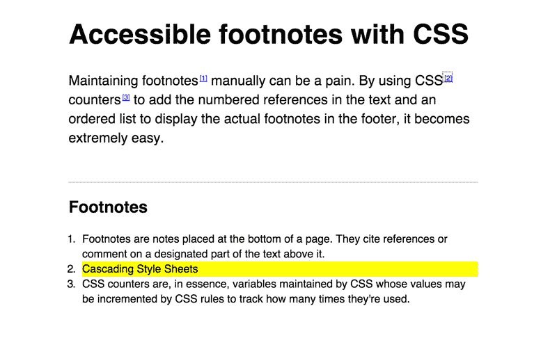 Accessible footnotes with CSS – A footnote is targeted