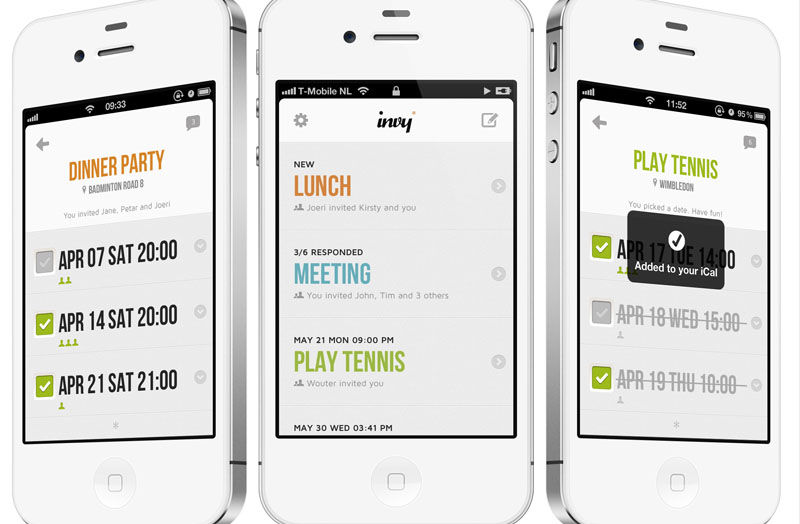 Three iPhone screens on the Invy Event Scheduling App