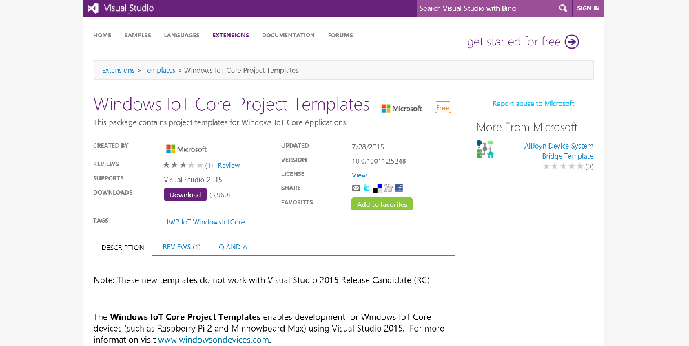 Downloading Visual Studio IoT Templates