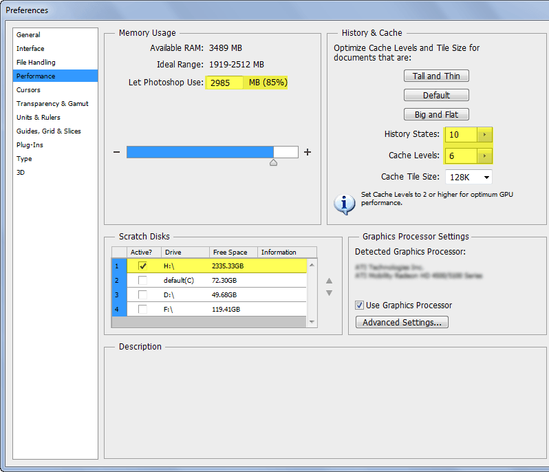 Performance preferences for Photoshop