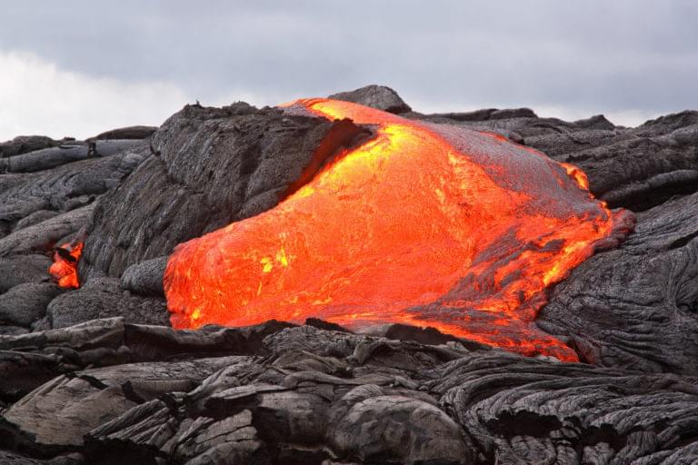 Lava flow on the side of a volcano