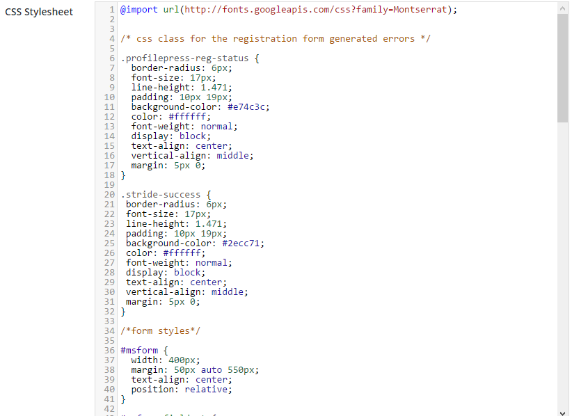 ProfilePress CSS code area