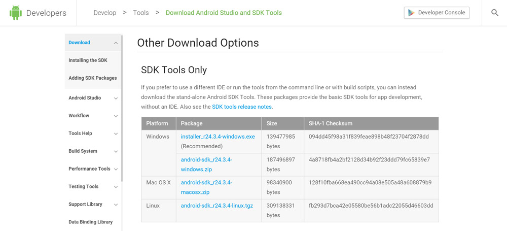 Downloading Android SDK