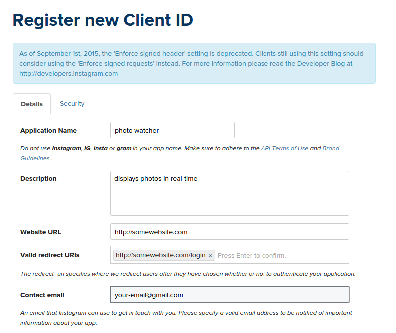 Screenshot of registering a new client to use the Instagram API
