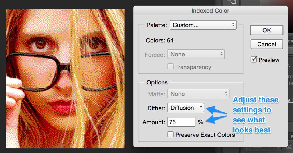 Photoshop's 64 color dither settings
