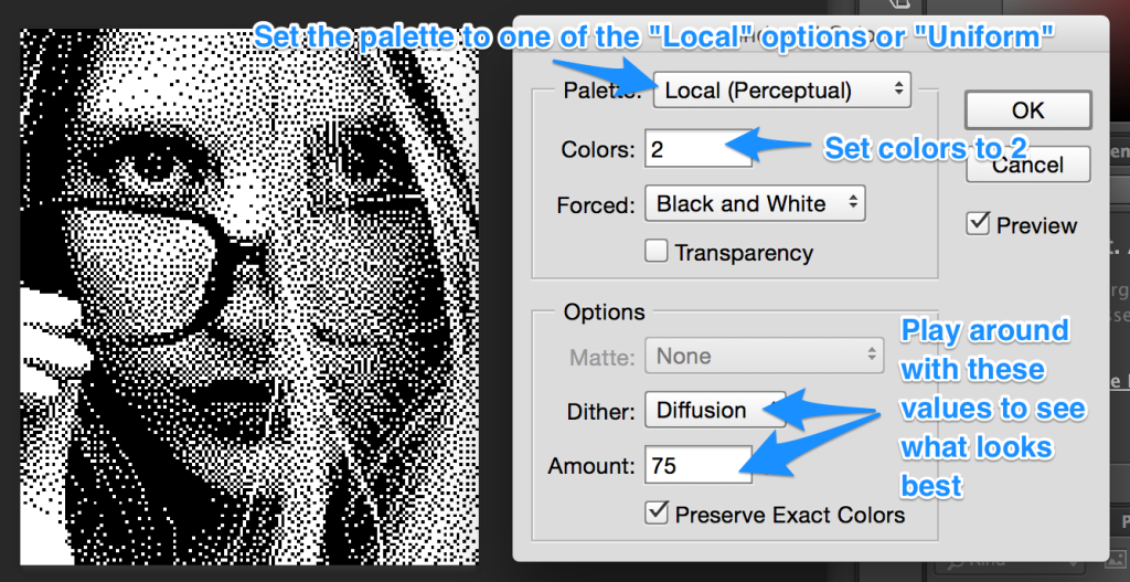 Photoshop's Black and White dithering settings