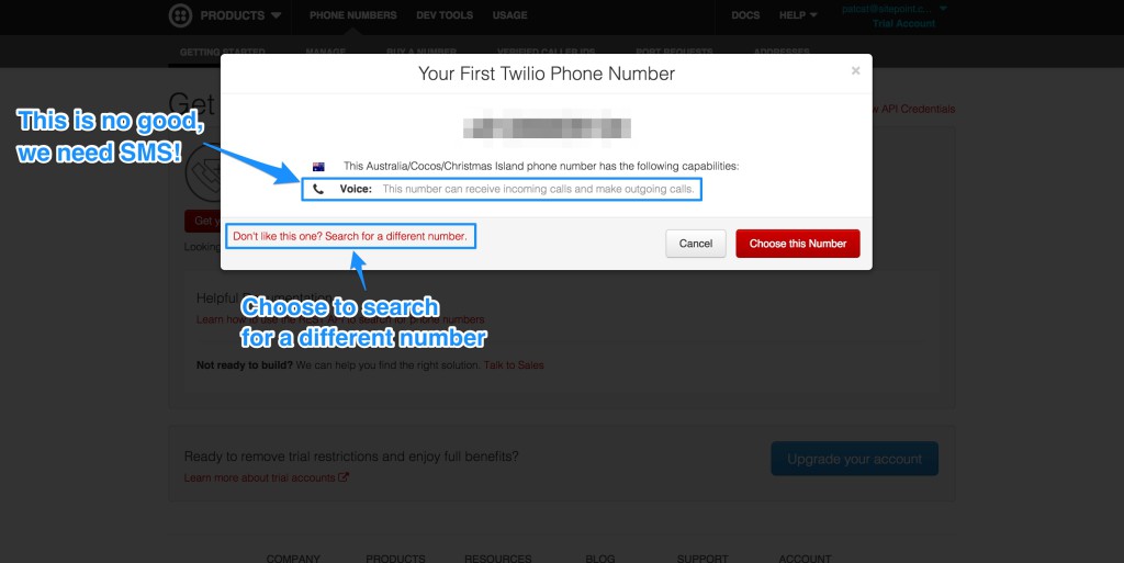 The Twilio Get Number screen