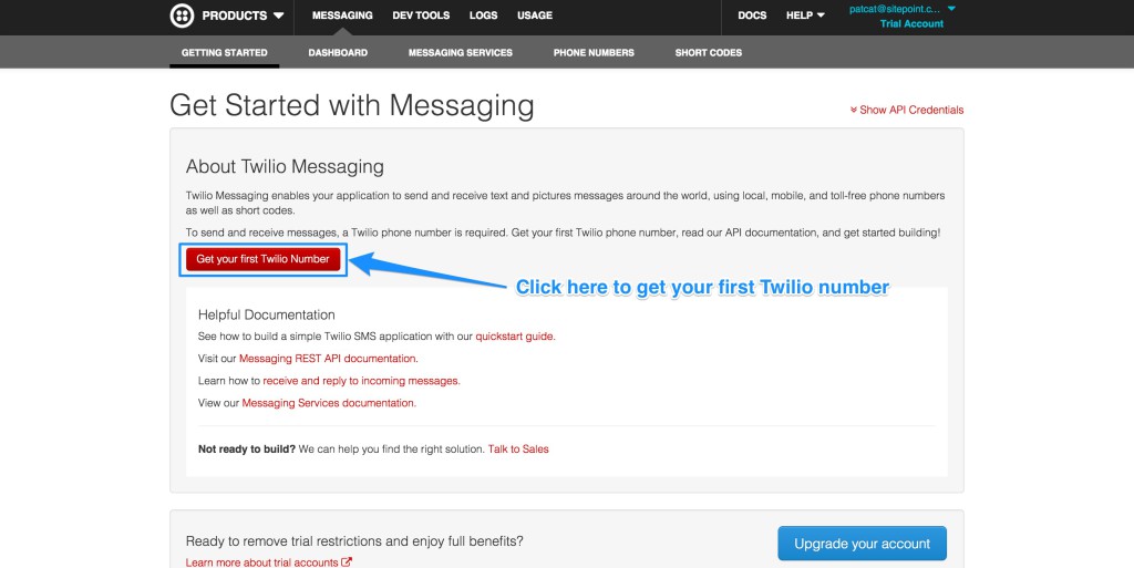 The Twilio Getting Started screen