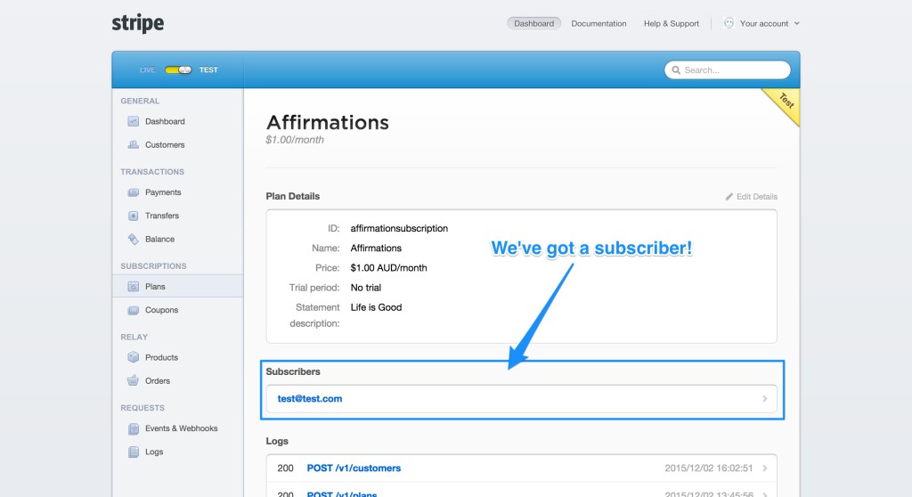 Subscriber visible in Stripe