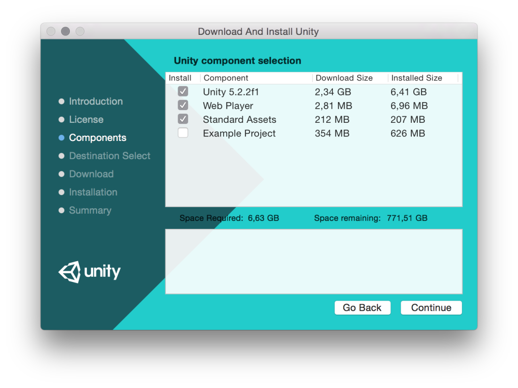 Unity's default installation dialog