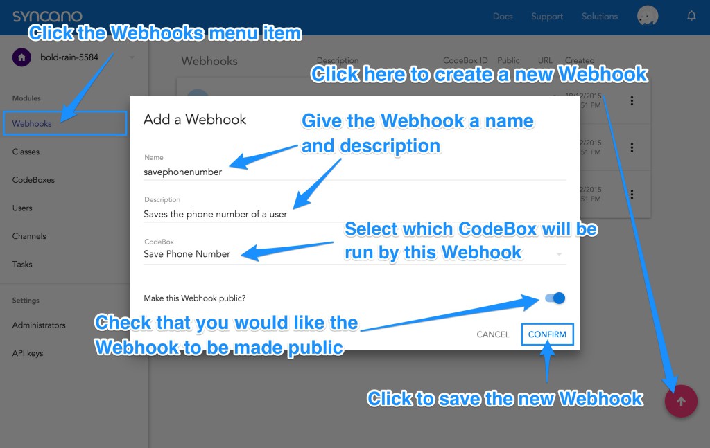 Creating a Webhook in Syncano's Dashboard