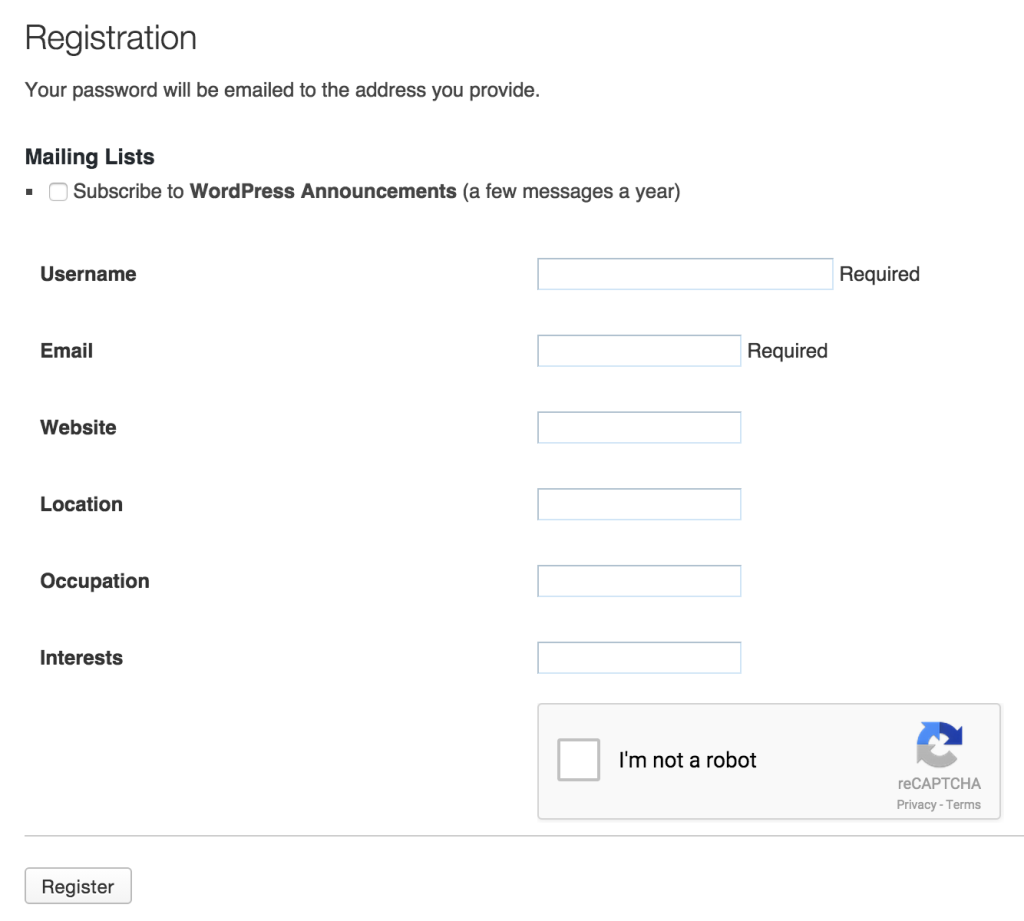 WordPress Register Form