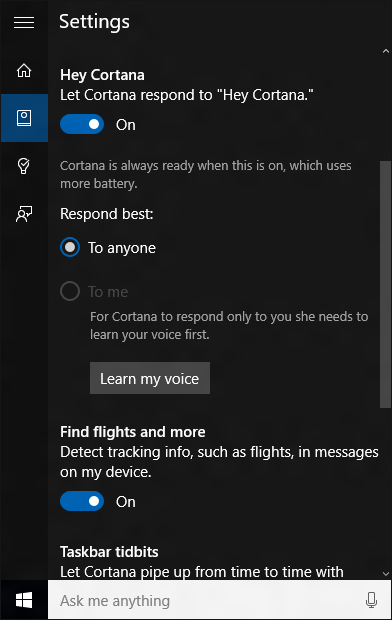 Microsoft Cortana settings