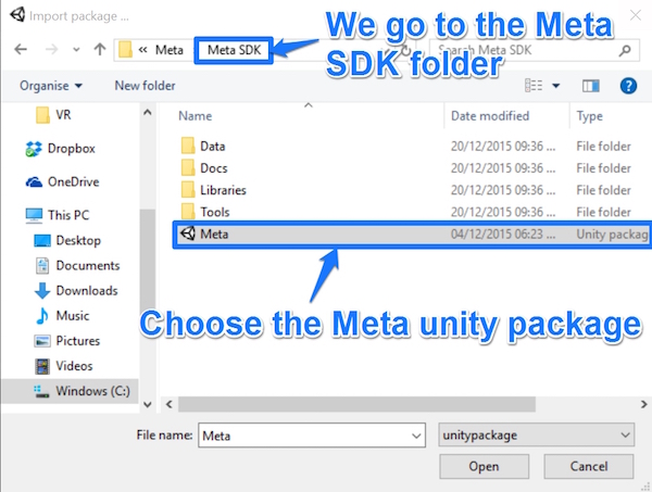 Selecting the Meta unity package