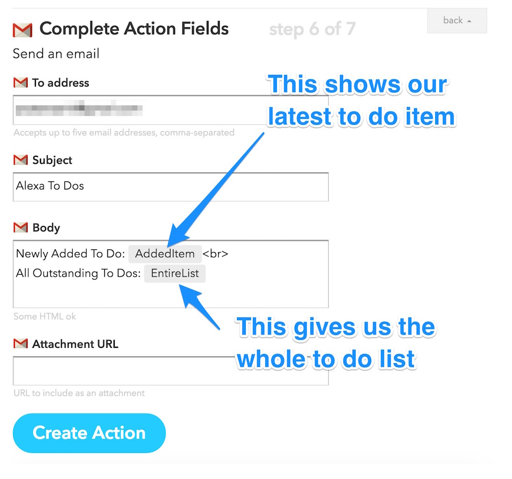 Completing email action fields
