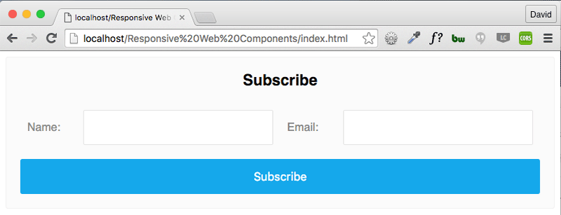 Screenshot of email subscription form, two input fields one for name and one for email, side by side