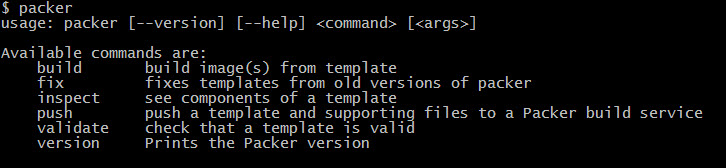 Default Packer command help output in the command line