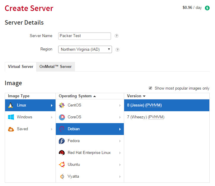 The selection process in the Rackspace UI needed in order to create a basic server