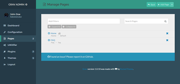 Screen shot of pages in the Grav admin panel