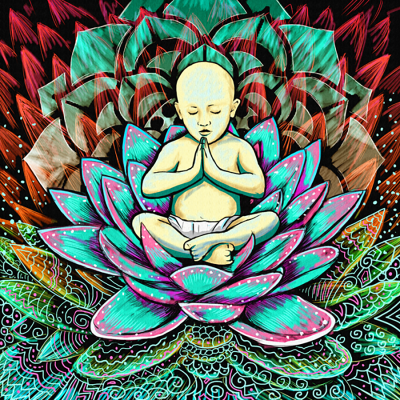 Illustration: Young Buddha sits in a lotus flower