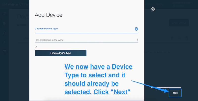 Selecting a device type if not selected and clicking next