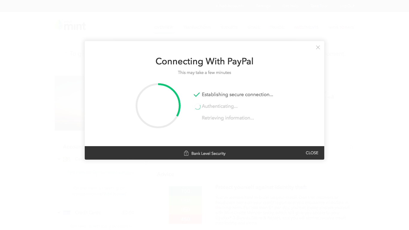 Screen: Connecting with Paypal