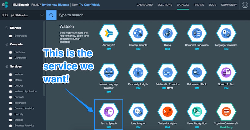 The Text to Speech service in IBM Bluemix