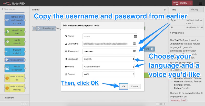 The settings for our text to speech node