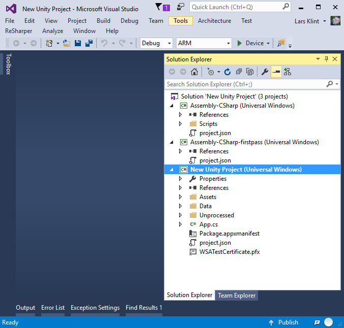 New Universal Windows Unity Project in Visual Studio