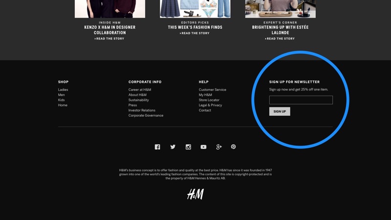 H&M Subscribe Footer
