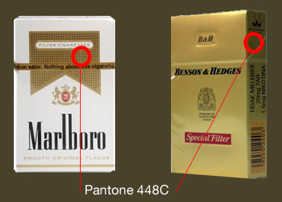 Golden brown tones on Malboro and Benson & Hedges boxes.